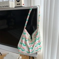 Off-white canvas hobo bag with pink floral print and wide shoulder strap style - Pink Flower Green Leaf