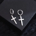 Elegant silver cross drop earrings with sparkling crystals on a minimalist black display - EH0023-Minimalist Cross Dangle