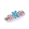 Macro detail of rose gold hair clip with blue crystal flower and sparkling rhinestones - Style H / Blue