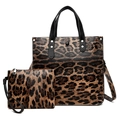 Chic leopard print two-piece handbag set with large tote bag and small wristlet clutch - Brown Leopard