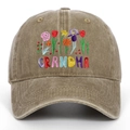 Khaki distressed baseball cap with colorful GRANDMA and floral embroidery - Adjustable / Khaki