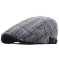 Classic black and white plaid beret flat cap with vintage bronze metal side adjustment buckle - Adjustable / Light Gray