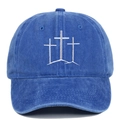Detail of white cross embroidery on vintage washed blue denim baseball cap - Sapphire Blue