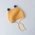 Yellow baby winter knit hat with contrast blue pom-poms and secure chin straps - Cap circumference 40-48cm, suitable for 3-18 months / Candy Ball Yellow