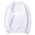 Men's white long sleeve crewneck sweatshirt with oval landscape print on front - White (Vintage Style)