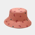 Close-up of pink bucket hat featuring cute cartoon watermelon embroidery and cotton fabric - M(56-58cm) / Brick Red