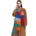 Thick colorful plaid mohair scarf with long tassels for women shown on a fashion model - Colorful Large Plaid