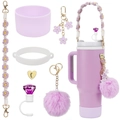 Purple flower cup accessory set with straw cover and silicone boot for Stanley tumblers - 7-Piece Set 16-Purple Diamond Cap