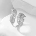 Silver adjustable feather open ring with zircon paving on white stone background - Open Leaf / Silver