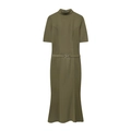 Olijfgroene gebreide midi-jurk met opstaande kraag, korte mouwen, riem en fishtail-zoom - XS / Groen