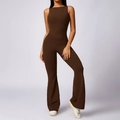 Deep brown sleeveless yoga jumpsuit with backless design and flared leg silhouette - S / Birch Tea Brown