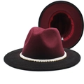 Detail of wide brim fedora with burgundy crown, black brim and white pearl hatband - M (56-58cm) / Wine Red + Black
