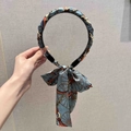 Blue retro bow headband with gold chain weave and elegant carriage pattern ribbon - Vintage Blue