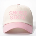 Detail view of pink SMOKE SHOW embroidery on a beige cotton twill baseball cap - Off-white and Pink