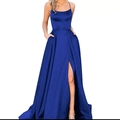 Elegant royal blue satin evening gown with spaghetti straps and high side slit - US size 2 (S) / Bottoms / Blue