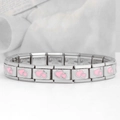 Macro detail of stainless steel modular bracelet featuring pink enamel heart patterns - Double Heart-Pink (18 Links)