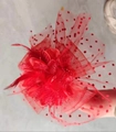 Vintage red mesh fascinator with polka dots, feathers, and floral accents for events - Red