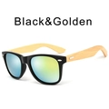 Classic black square sunglasses with natural bamboo temples and blue-green reflective lenses - Glossy Black / Golden Film