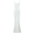 Detailansicht weißes Satin-Abendkleid mit eckigem Ausschnitt, Taillenfalten und schmaler Form - XS / Weiß