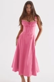 Elegant pink midi camisole dress with cinched waist and A-line silhouette for women - S / Bottoms / Bright Pink