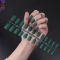 Matte green long square fake nails displayed on a frame showing multiple sizes - Matte Green