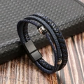 Detail of multi-layer woven leather bracelet in blue and black with magnetic metal clasp - Dark Blue
