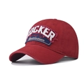 Detail of vintage Rocker embroidery patch on washed cotton baseball cap in burgundy - Rocker Wine Red