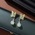 Chinese style butterfly drop earrings with yellow-green gradient and pearl bead - Butterfly Tassel H3069