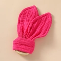Baby wooden teether ring with rose red bunny ears made of soft crinkled cotton fabric - Pink