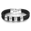 Macro detail of men's double-layer braided leather bracelet with four engraved name beads - 4 Names (Steel Buckle-2) / 19cm