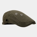 Macro view showing the crystal star studs on a stylish olive green retro flat cap - Army Green