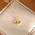 Golden fan pendant necklace with colorful oval gemstones and tiny white diamonds detail - A0121 Gold Colorful CZ Skirt