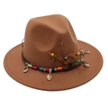 Detail of bohemian wool fedora hat with colorful beads and white seashell charms - Khaki