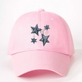 Pink baseball cap featuring blue denim star patches and decorative silver chains - Light Pink
