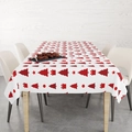 Christmas red plaid tablecloth with festive tree patterns on a wooden dining table - 40x70cm / White Background Red Christmas Tree and Ornaments