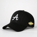 Detail of black baseball cap featuring white A embroidery and Los Angeles side patch - Black