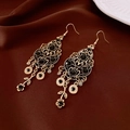 Vintage gold flower earrings with black crystals and dangling charms on red silk background - Earring Hook-Gold-Flower(2#)