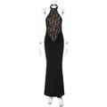 Close-up of elegant halter neck black lace bodice and floor-length evening dress detail - S / Black