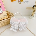 Mini pearl handle crossbody bag with large lace bow and gold chain strap for girls - White with Bowknot