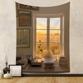 Detailed sunset window view print on bohemian wall tapestry for modern room decor - Sunset Ocean Window View (GT230321)