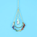 Detail of golden moon suncatcher with chakra stones and pear-shaped crystal prism - Mixed Natural Stone/Crystal / 7 Chakra Rainbow