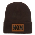 Bonnet en tricot marron foncé avec écusson en cuir MOM pour femme, bonnet de ski chaud - Adulte Élastique / Café (MOM)