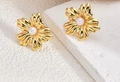 French style gold flower earrings with elegant white pearl and textured petal design - ED07-Wavy Flower Pearl
