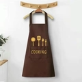 Brown waterproof apron with large front pocket and yellow cooking utensil print - Regular Coffee (Cutlery Print)