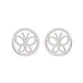 Detailed macro view of silver circular stud earrings with hollow butterfly design - Style 264 / Steel