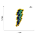 Detailed embroidery of a yellow and green lightning bolt patch with size measurements - Flash