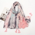 Artistic linen cotton scarf with pink floral print and delicate fringed edges for women - Pink Grey Abstract Floral Style (XB997-01)