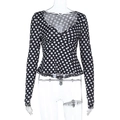 Detail of V-neck wrap top with polka dot pattern and ruffled peplum hemline - S / Black and White