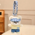 White teddy bear plush keychain wearing blue checkered hat and yellow t-shirt - Sporty Style Denim Baseball Cap / 15cm Pendant