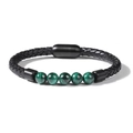 Black braided leather bracelet with green tiger eye beads and magnetic clasp - Green Natural Stone